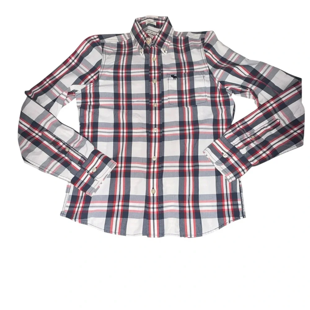 Abercrombie & Fitch Cotton Red White and Blue Button-Down Plaid Shirt Size XL